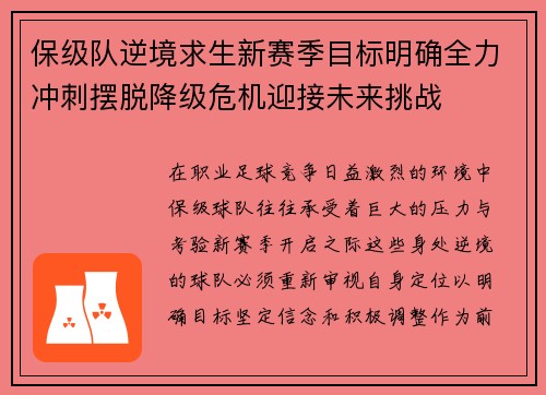 保级队逆境求生新赛季目标明确全力冲刺摆脱降级危机迎接未来挑战